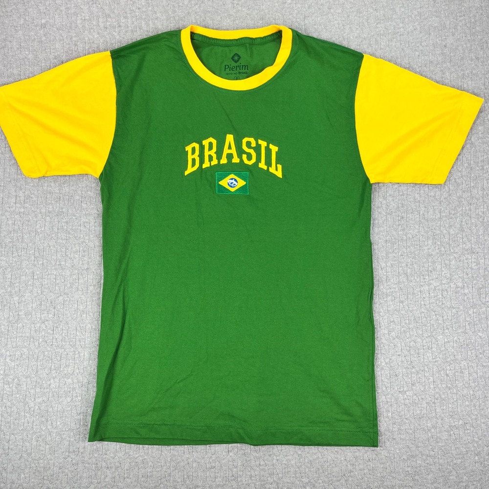 Pierim Brasil T Shirt Mens medium P Green Yellow Embroidered Flag Soccer Core - Picture 3 of 8